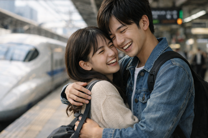 遠距離恋愛の試練を乗り越えて再会した日本人カップルの輝かしい笑顔。二人の強固な絆の象徴。
