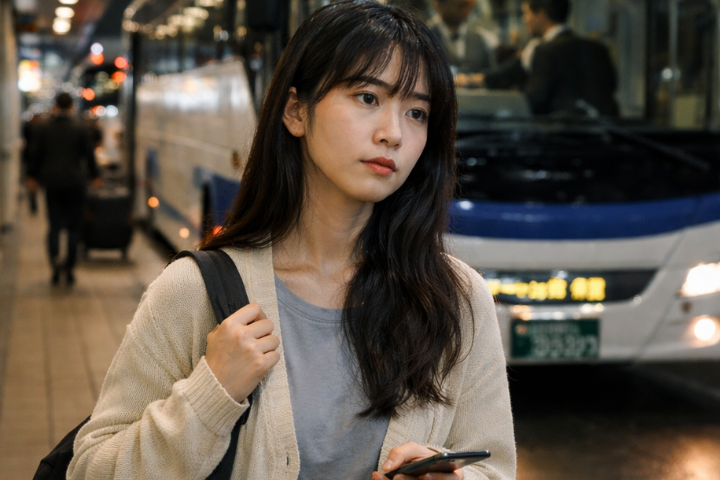 夜行バスで恋人に会いに行く日本人大学生。遠距離恋愛における金銭的・体力的な負担を表現。
