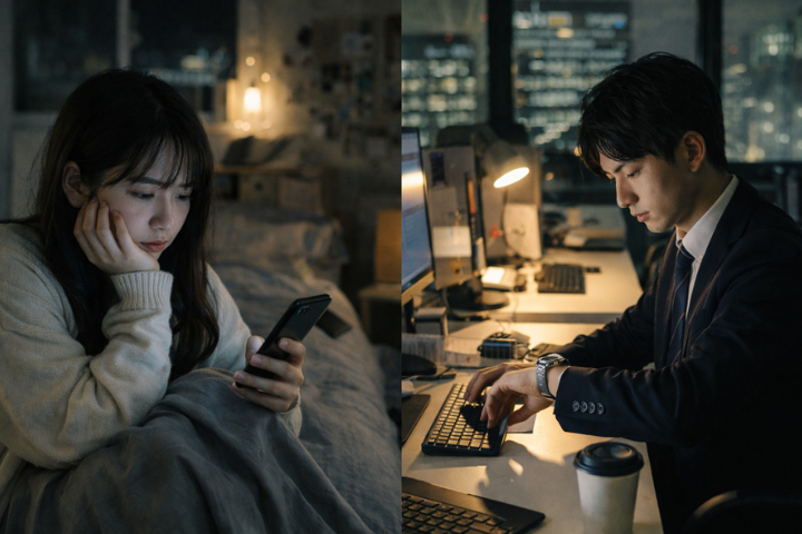 社会人と学生の生活リズムの違いによるすれ違い。連絡を待つ寂しさと仕事の忙しさの対比。