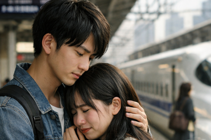 駅のホームで別れを惜しむ日本人大学生カップル。遠距離恋愛の切なさと不安を象徴するイメージ。
